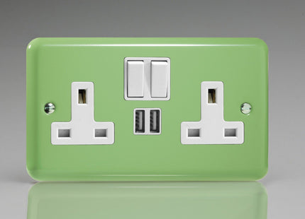 Varilight 2-Gang 13A Double Pole Switched Plug Socket + 2 5V DC 2100mA USB Charging Ports Beryl Green XY5U2SW.BG