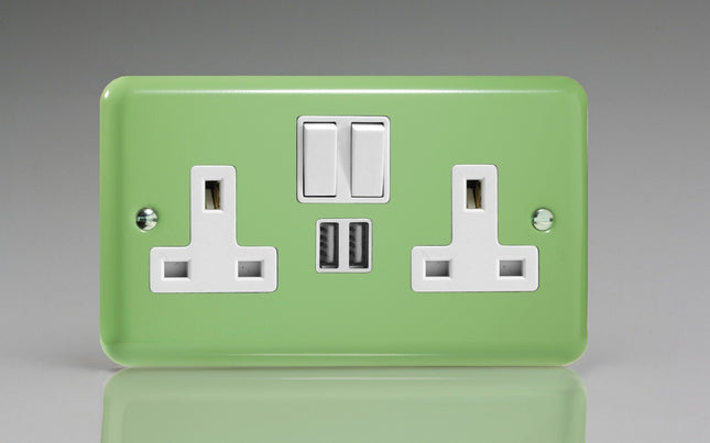 Varilight 2-Gang 13A Double Pole Switched Plug Socket + 2 5V DC 2100mA USB Charging Ports Beryl Green XY5U2SW.BG