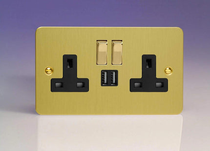Varilight 2-Gang 13A Single Pole Switched Socket with Metal Rockers + 2x5V DC 2100mA USB Charging Ports