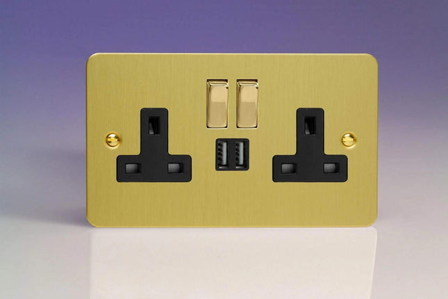 Varilight 2-Gang 13A Single Pole Switched Socket with Metal Rockers + 2x5V DC 2100mA USB Charging Ports