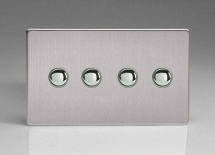 Varilight 4-Gang 6A 1- or 2-Way Push-On/Off Impulse Switch (Twin Plate) Brushed Steel XDSP4S