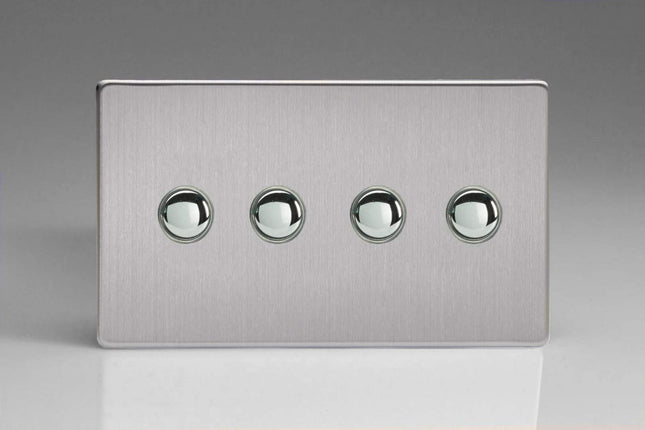 Varilight 4-Gang 6A 1- or 2-Way Push-On/Off Impulse Switch (Twin Plate) Brushed Steel XDSP4S