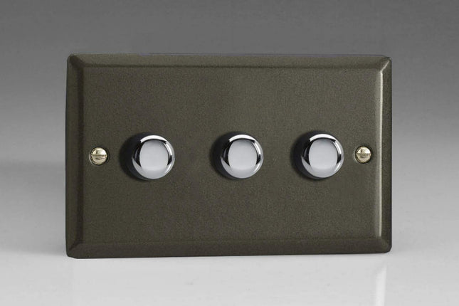 Varilight 3-Gang 2-Way Push-On/Off Rotary LED Dimmer 3 x 0-100W (Max 10 LEDs) (Twin Plate) Graphite JPDP303