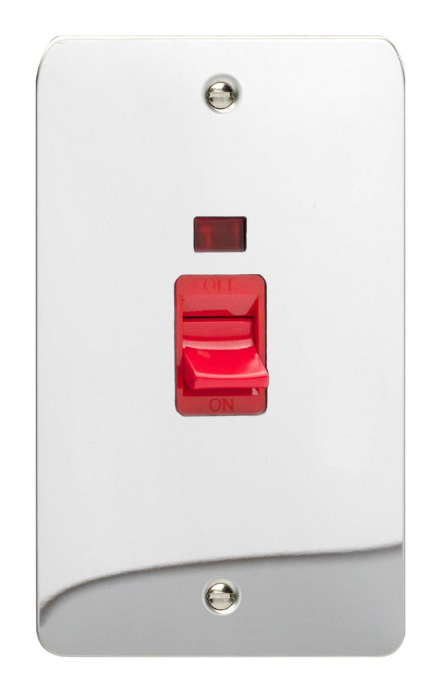 Varilight 45A Cooker Switch + Neon (Vertical Twin Plate, Red Rocker) Polished Chrome XFC45N