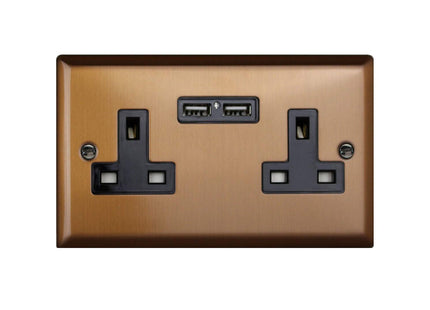 Varilight Urban Brushed Bronze 2-Gang 13 Amp Socket + 2X USB Charging Ports