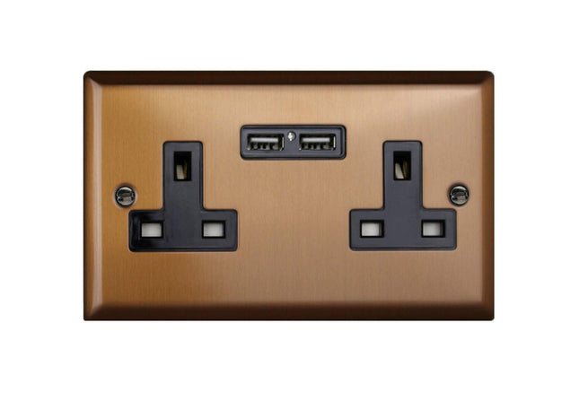 Varilight Urban Brushed Bronze 2-Gang 13 Amp Socket + 2X USB Charging Ports