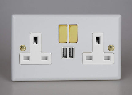 Varilight Vogue Collection Matt White 2-Gang 13 Amp Single Pole Switched Socket + 2 x 5V DC 2100mA USB Charging Ports