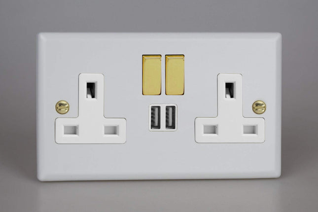 Varilight Vogue Collection Matt White 2-Gang 13 Amp Single Pole Switched Socket + 2 x 5V DC 2100mA USB Charging Ports