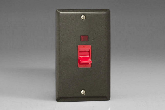 Varilight 45A Cooker Switch + Neon (Vertical Twin Plate, Red Rocker) Graphite XP45N