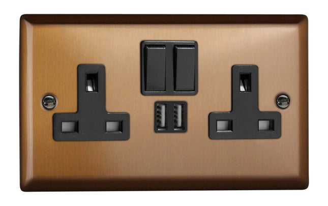 Varilight XY5U2SB.BZ Urban Brushed Bronze 2-Gang Double 13A Switched Plug Socket 2.1A USB