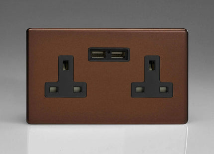Varilight 2-Gang, 13 Amp Unswitched Socket with 2 Optimised USB Charging Ports, Black Insert. Dimension Screwless Mocha