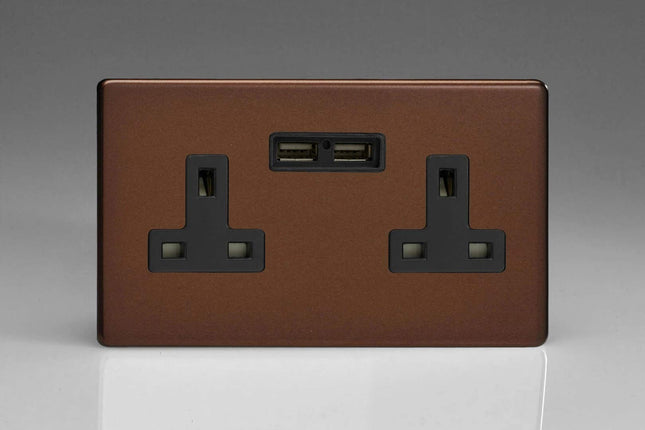 Varilight 2-Gang, 13 Amp Unswitched Socket with 2 Optimised USB Charging Ports, Black Insert. Dimension Screwless Mocha