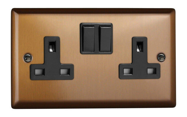 Varilight Urban Brushed Bronze 2-Gang Double Pole Switched 13 Amp Plug Socket with Black Insert
