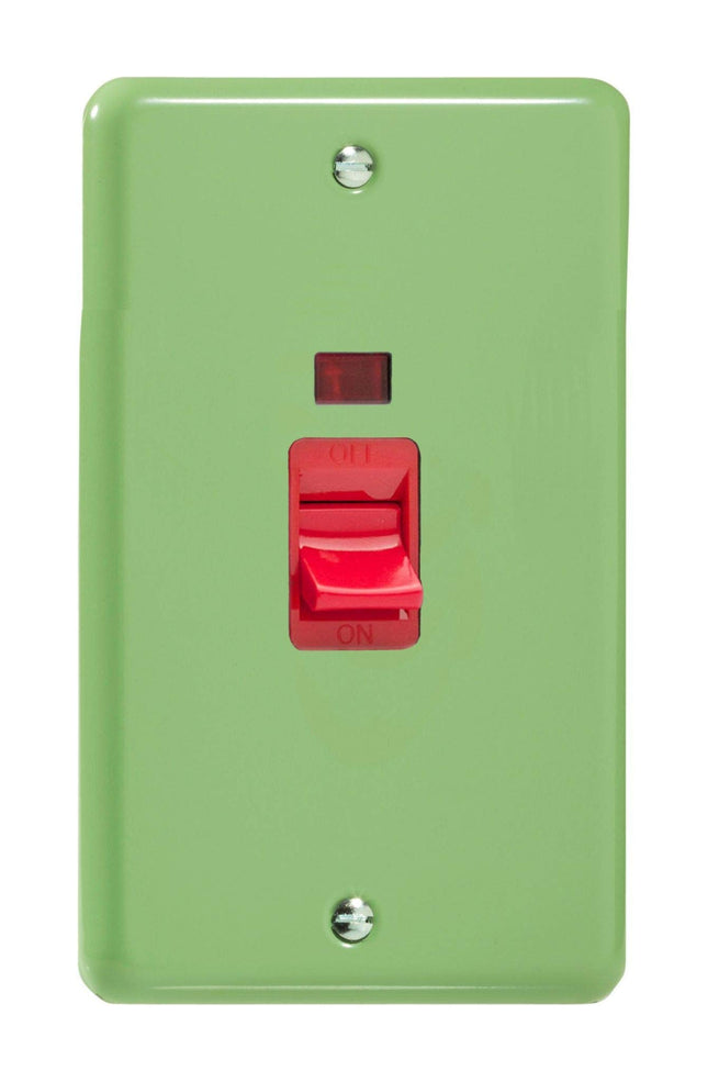 Varilight 45A Cooker Switch + Neon (Vertical Twin Plate, Red Rocker) Beryl Green XY45N.BG