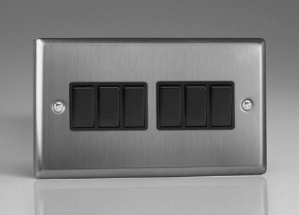 Varilight XT96B Classic Brushed Steel 6 Gang 10A 1 or 2 Way Rocker Light Switch
