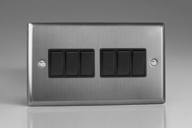 Varilight XT96B Classic Brushed Steel 6 Gang 10A 1 or 2 Way Rocker Light Switch