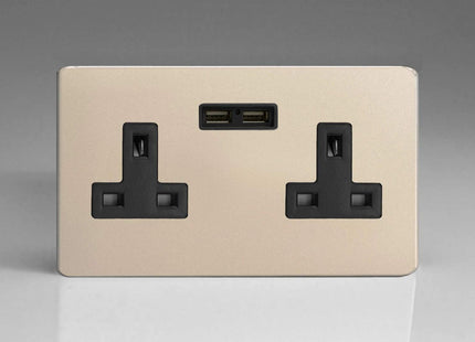 Varilight 2-Gang 13A Unswitched Plug Socket + 2 5V DC 2100mA USB Charging Ports Satin Chrome XDN5U2BS