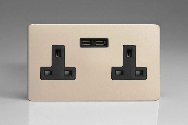 Varilight 2-Gang 13A Unswitched Plug Socket + 2 5V DC 2100mA USB Charging Ports Satin Chrome XDN5U2BS