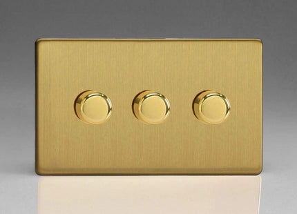 Varilight V-Pro Screwless Brushed Brass 3 Gang LED Trailing Edge Dimmer Switch 1 or 2 Way