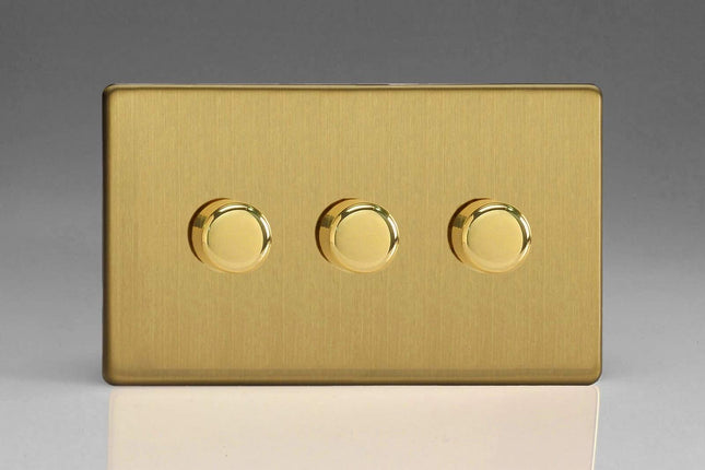 Varilight V-Pro Screwless Brushed Brass 3 Gang LED Trailing Edge Dimmer Switch 1 or 2 Way