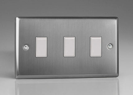 Varilight XT93W Classic Brushed Steel 3 Gang 10A 1 or 2 Way Rocker Light Switch (Twin Plate)