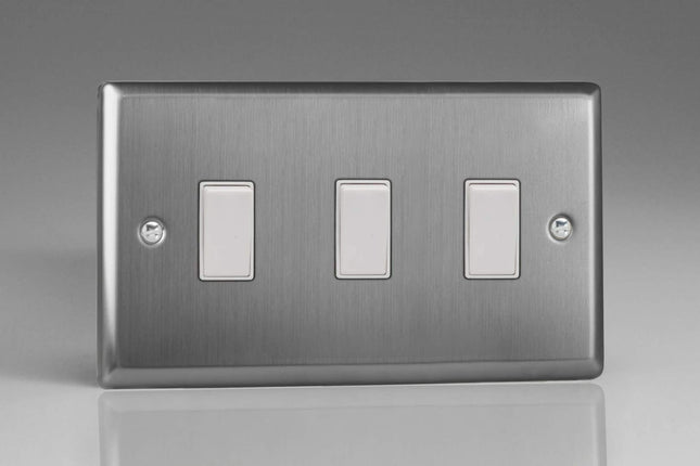 Varilight XT93W Classic Brushed Steel 3 Gang 10A 1 or 2 Way Rocker Light Switch (Twin Plate)