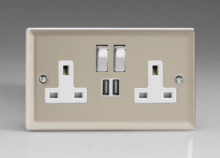 Varilight Classic Satin Chrome 2-Gang 13 Amp Socket + 2x USB Charging Port White Inserts & Decorative Switches