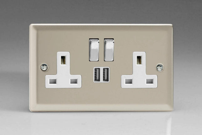 Varilight Classic Satin Chrome 2-Gang 13 Amp Socket + 2x USB Charging Port White Inserts & Decorative Switches