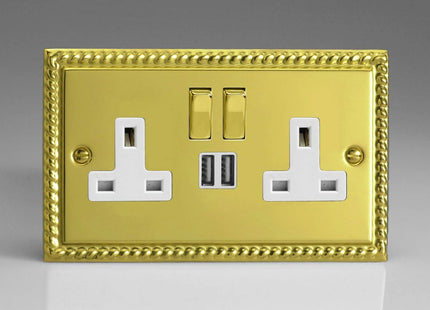 Classic Georgian Brass 2-Gang 13 Amp Socket + 2x USB Charging Port White Inserts & Decorative Switches