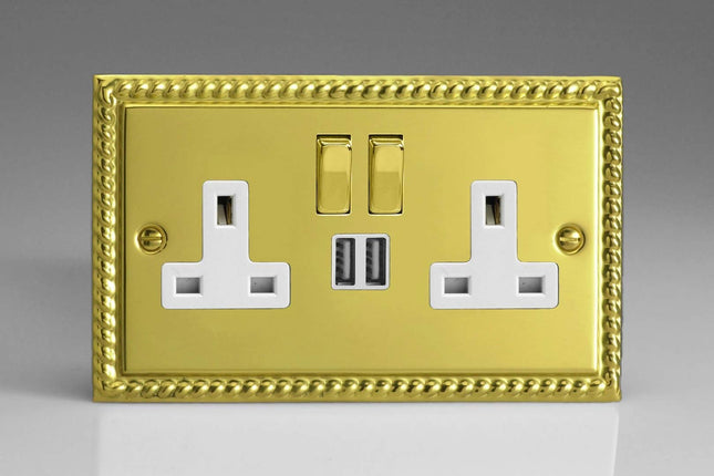 Classic Georgian Brass 2-Gang 13 Amp Socket + 2x USB Charging Port White Inserts & Decorative Switches