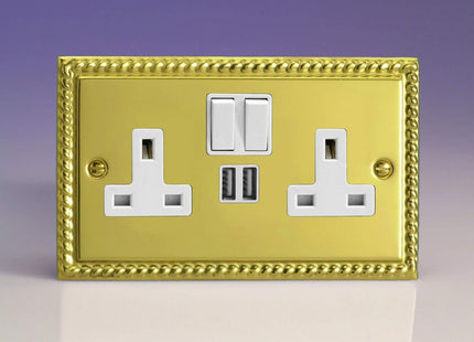Classic Georgian Brass 2-Gang 13 Amp Socket + 2x USB Charging Port White Inserts & White Switches