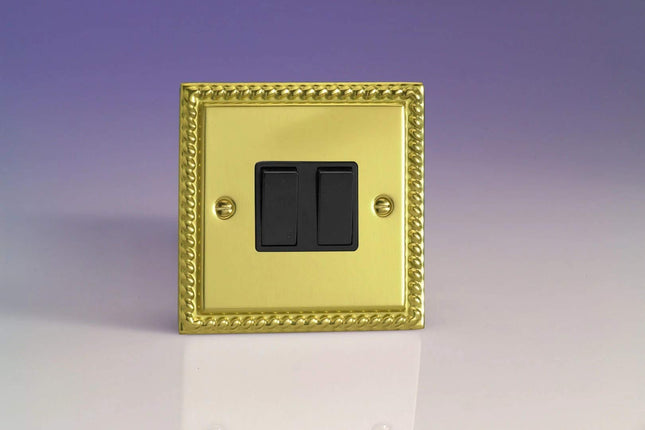 Varilight Classic Georgian Brass 2-Gang Intermediate Light Switch Black Insert XG77B