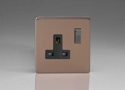 Varilight Flat Plate Screwless Brushed Bronze 1-Gang 13 Amp Switched Plug Socket