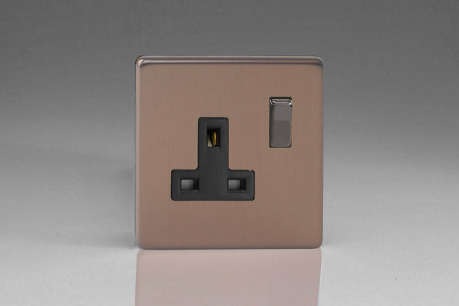 Varilight Flat Plate Screwless Brushed Bronze 1-Gang 13 Amp Switched Plug Socket