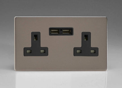 Varilight 2-Gang 13A Unswitched Plug Socket + 2 5V DC 2100mA USB Charging Ports Pewter XDR5U2BS