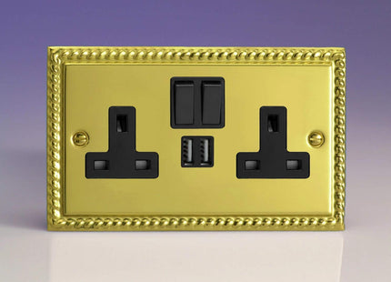 Varilight Classic Georgian Brass 2-Gang 13 Amp Socket + 2x USB Charging Port Black Inserts & Black Switches