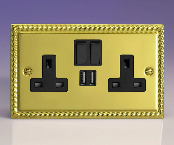 Varilight Classic Georgian Brass 2-Gang 13 Amp Socket + 2x USB Charging Port Black Inserts & Black Switches