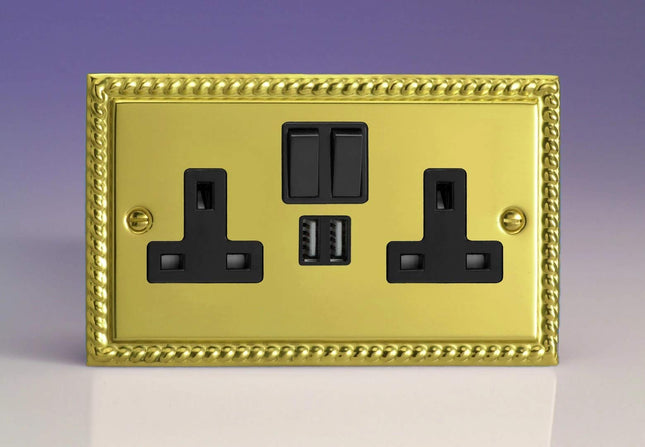 Varilight Classic Georgian Brass 2-Gang 13 Amp Socket + 2x USB Charging Port Black Inserts & Black Switches