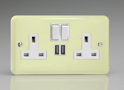 Varilight 2-Gang 13A Double Pole Switched Plug Socket + 2 5V DC 2100mA USB Charging Ports White Chocolate XY5U2SW.WC