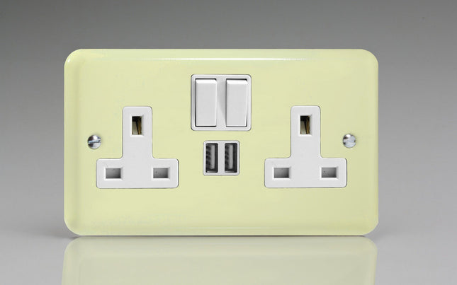 Varilight 2-Gang 13A Double Pole Switched Plug Socket + 2 5V DC 2100mA USB Charging Ports White Chocolate XY5U2SW.WC