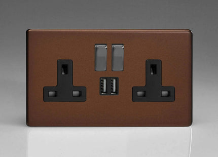 Varilight Flat Plate Screwless Mocha 2-Gang 13 Amp Socket + 2x USB Charging Port Black Inserts