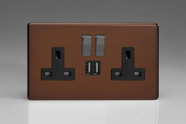 Varilight Flat Plate Screwless Mocha 2-Gang 13 Amp Socket + 2x USB Charging Port Black Inserts