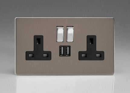 Varilight 2-Gang 13A Double Pole Switched Plug Socket with Metal Rockers + 2 5V DC 2100mA USB Charging Ports Pewter XDR5U2SBS