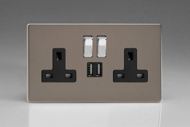 Varilight 2-Gang 13A Double Pole Switched Plug Socket with Metal Rockers + 2 5V DC 2100mA USB Charging Ports Pewter XDR5U2SBS
