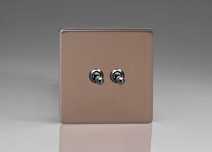 Varilight Flat Plate Screwless Brushed Bronze 2-Gang 10 Amp Toggle Switch