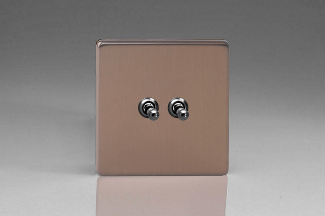Varilight Flat Plate Screwless Brushed Bronze 2-Gang 10 Amp Toggle Switch