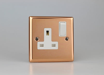 Varilight Classic Polished Copper 1-Gang 13 Amp Switched Plug Socket with White Insert