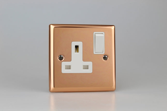 Varilight Classic Polished Copper 1-Gang 13 Amp Switched Plug Socket with White Insert