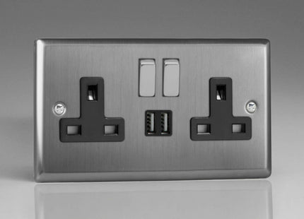 Varilight XT5U2SDB Classic Brushed Steel 2-Gang Double 13A Switched Plug Socket 2.1A USB