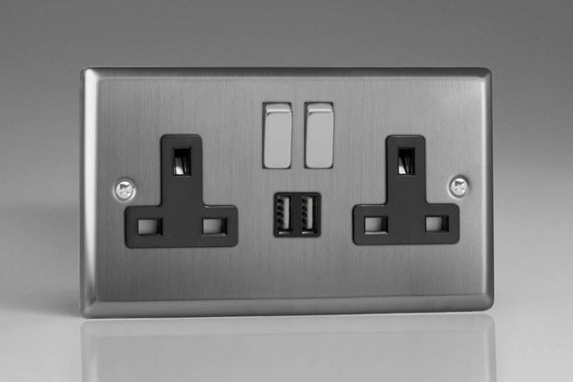 Varilight XT5U2SDB Classic Brushed Steel 2-Gang Double 13A Switched Plug Socket 2.1A USB